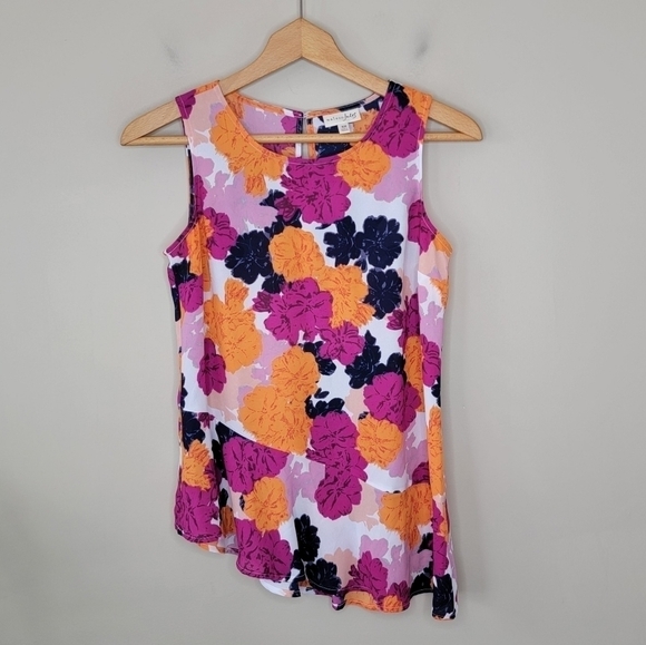 Maison Jules | Pink Orange Navy Colorful Floral Asymmetrical Tank Size XS - Picture 3 of 7